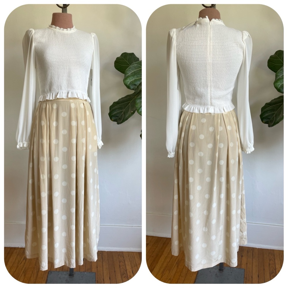 Vintage Christian Dior Separates 100% Silk Cream and White Polka Dot Midi Skirt